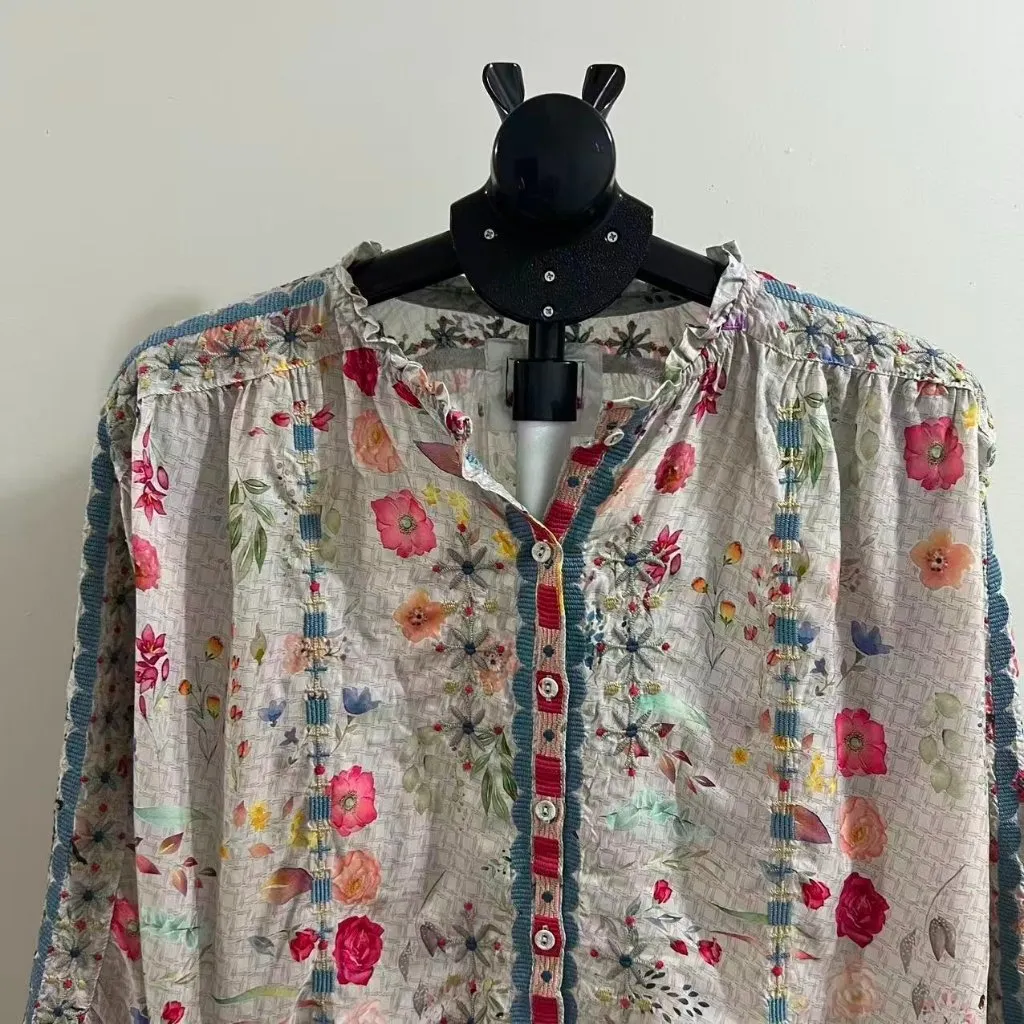 NWOT Johnny Was Biya Embroidered Floral Boho Button-Down Shirt Blouse S Oversize - Image 3