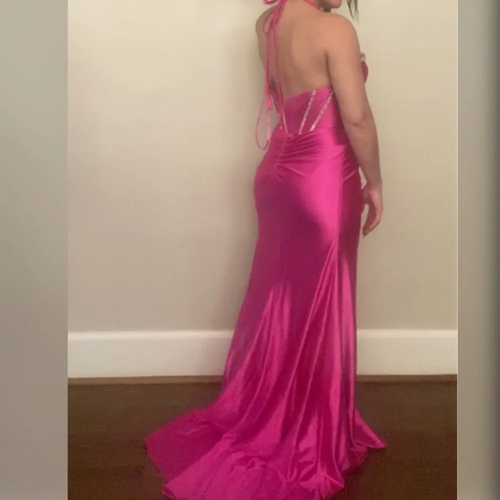 Pink tight fitted prom dress with sparkly rhinestones and leg slit - Image 3