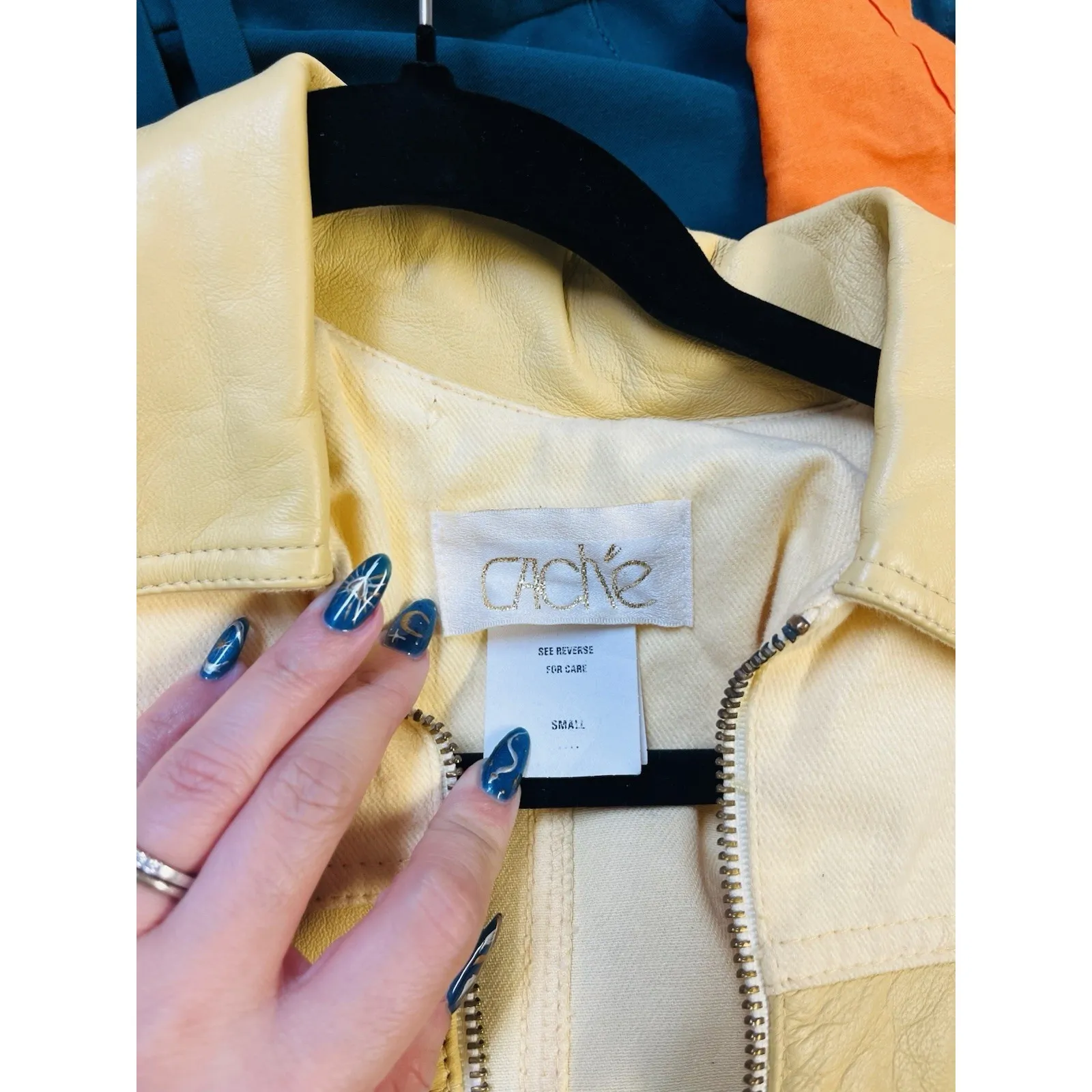 Vintage Cache Isabella Sole Y2K Jacket Yellow White Leather Size S - Image 8