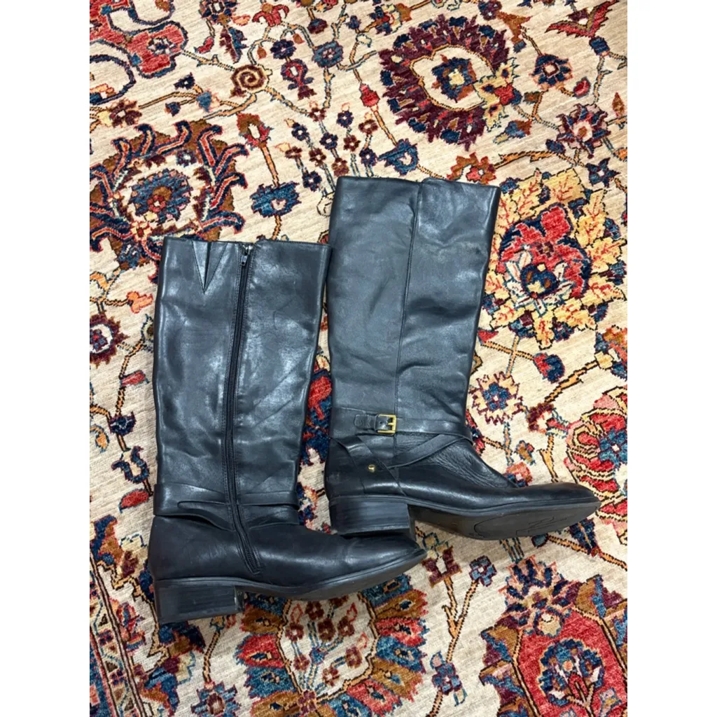 Lauren Ralph Lauren Black Leather Riding Boots Gold Buckle Tall Zip Size 9.5 - Image 4