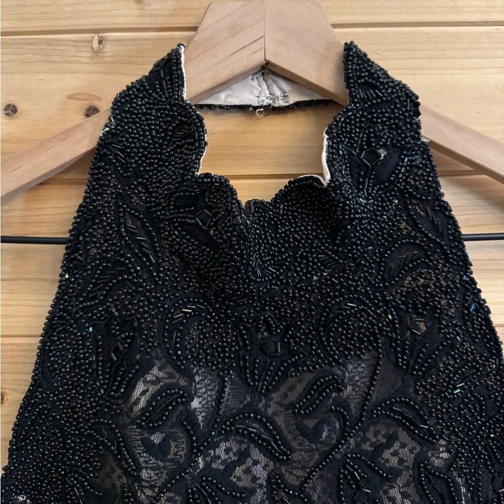 Vintage Stenay Size Small Beaded High Halter Scalloped Neckline Fancy Prom Gown Black - Image 9