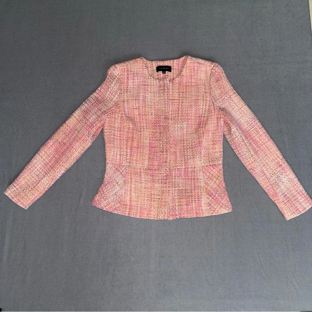 Talbots Peach Pink Multicolor Tweed Peplum Zip up Business‎ Jacket Blazer size 6 - Image 13