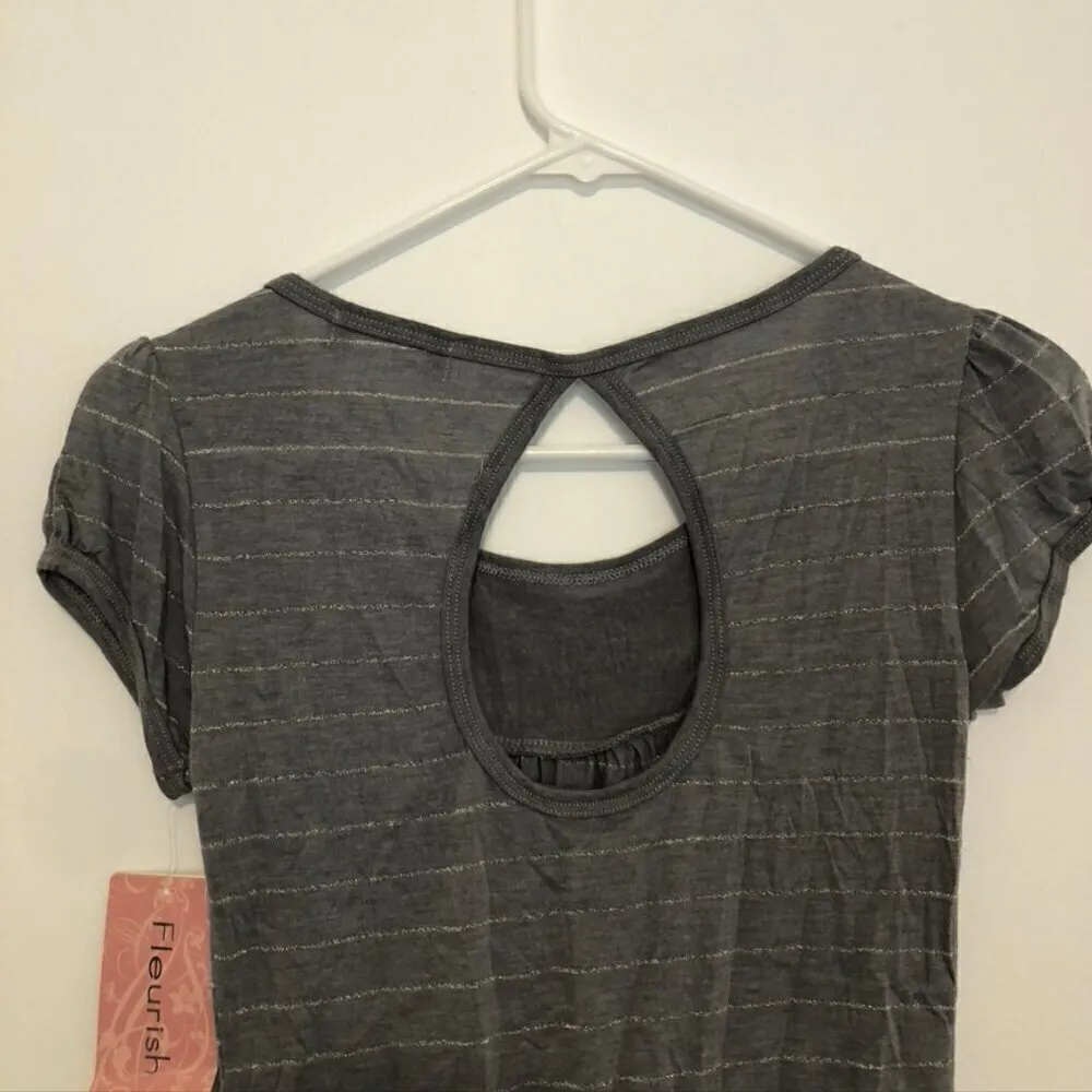 NEW NWT FLEURISH Gray Metallic Striped Sequin Short Sleeve Y2K Blouse JUNIORS S - Image 10