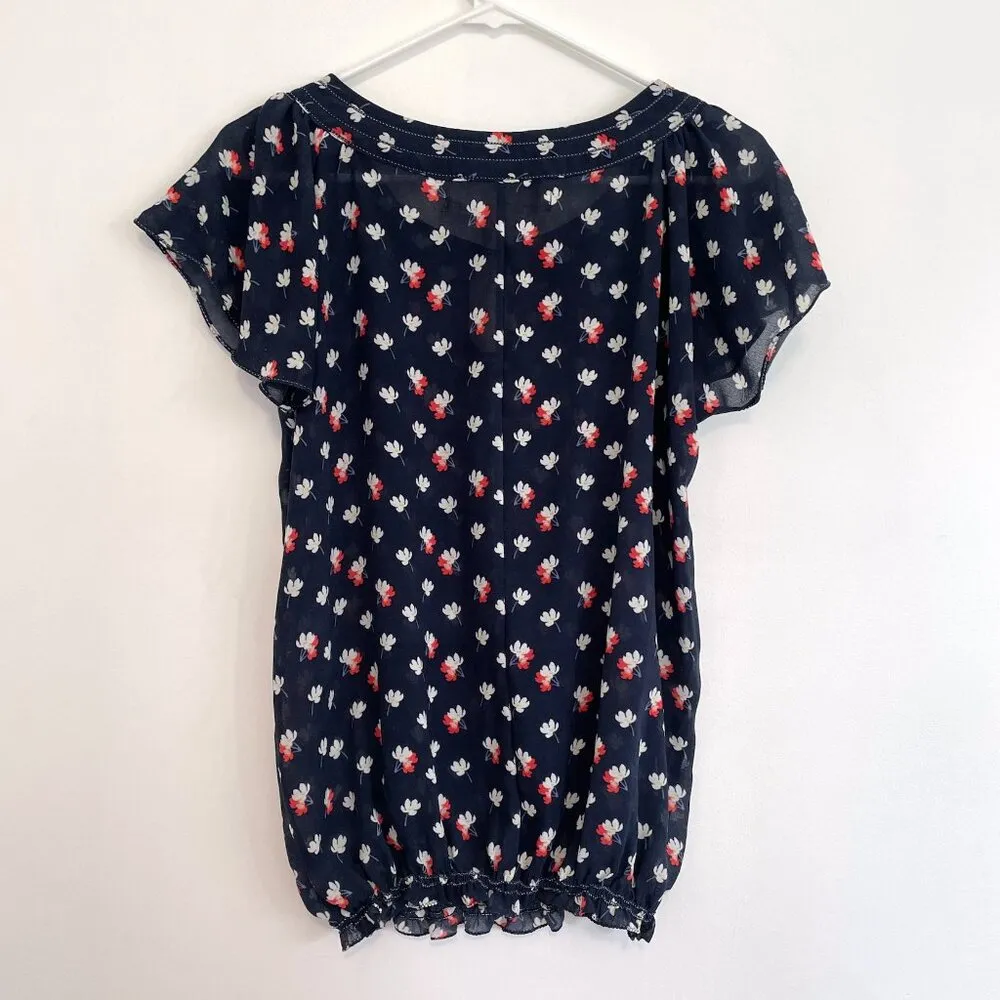 MAX STUDIO Bubble Hem Blouse Navy Blue White Coral Red Floral Short Sleeve Boho - Image 11