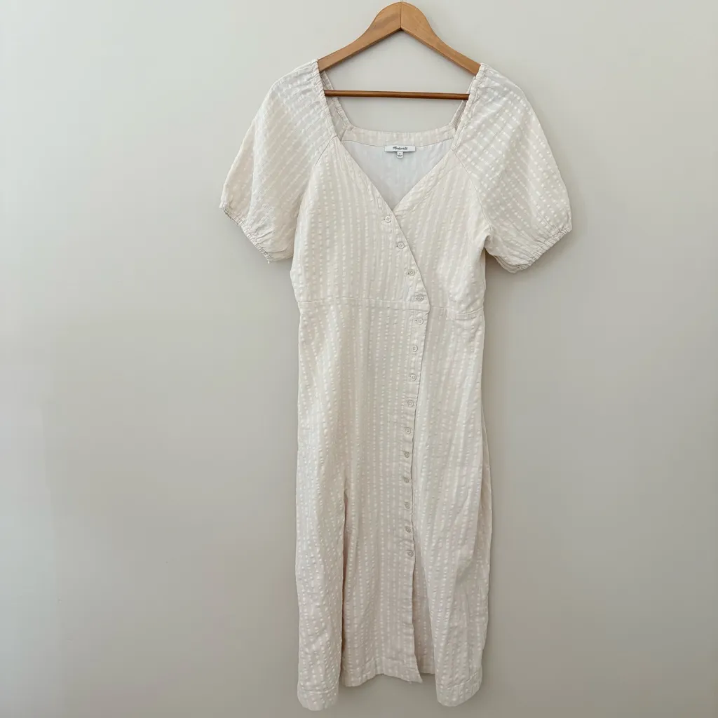 Madewell Puff-Sleeve Button-Wrap Midi Dress in Undyed Stripe Cotton Linen Size 6 - Image 6