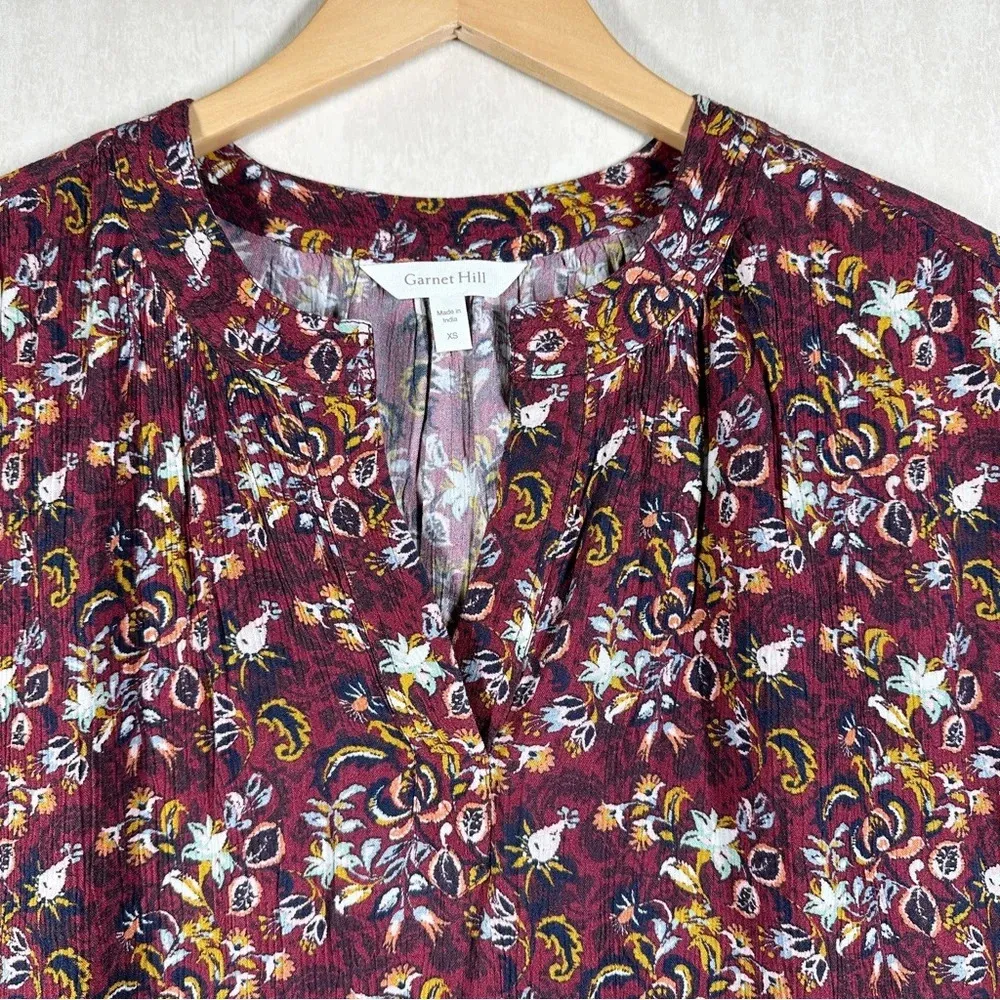 Garnet Hill Quinn Crêpe Blouse Top Shortsleeve Floral Burgundy Size XS - Image 4