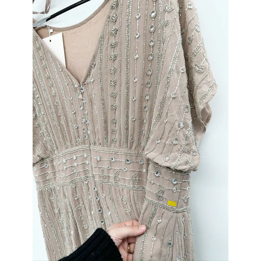 Mac Duggal Beaded Empire Waist Column Cocktail Mocha Midi Dress 16 New - Image 4