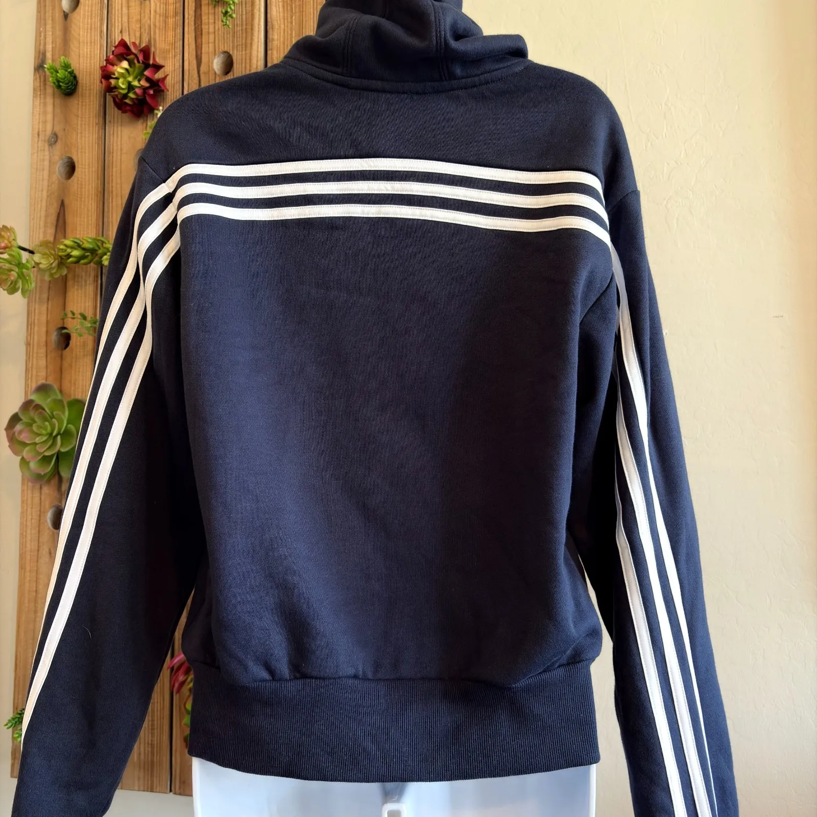 Adidas Essentials Striped Fleece Hoodie Sweatshirt XS Navy Women Kangaroo Pocket - Image 5