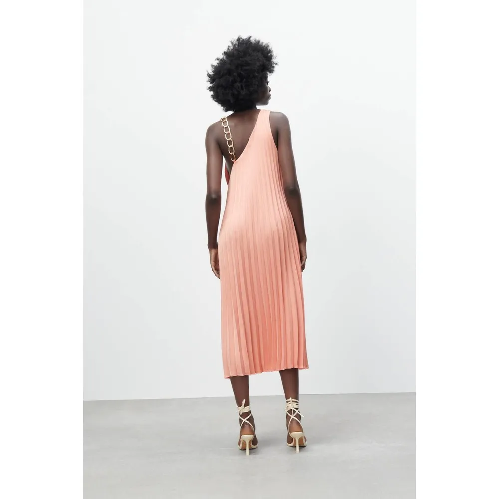 NEW ZARA Pleated Dress with Chain Strap Peach Midi Gold Faux Wrap Surplice XS - Image 2