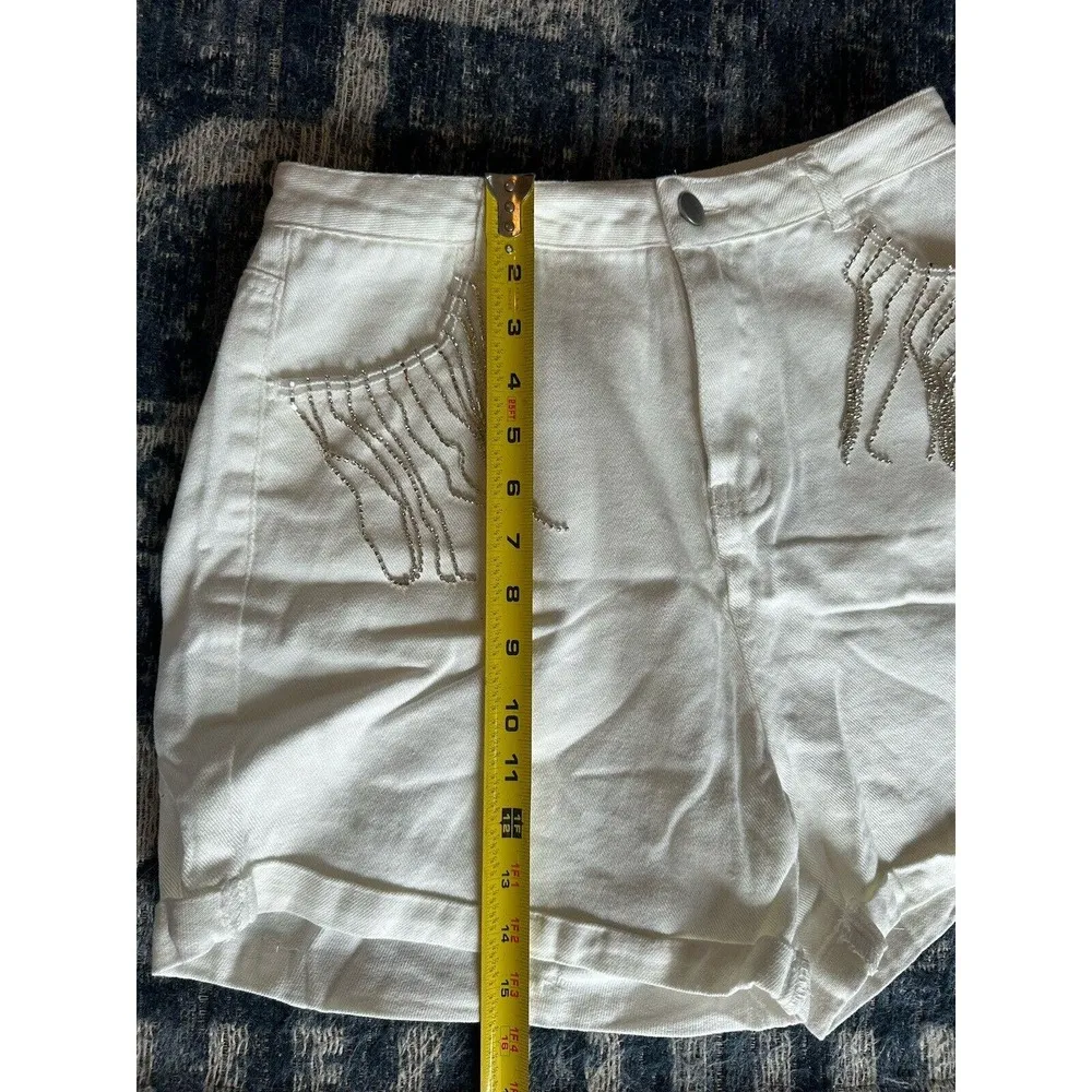 Cloud Ten White Denim Rhinestone Fringe Cuffed High Waisted Shorts Large NEW - Image 7