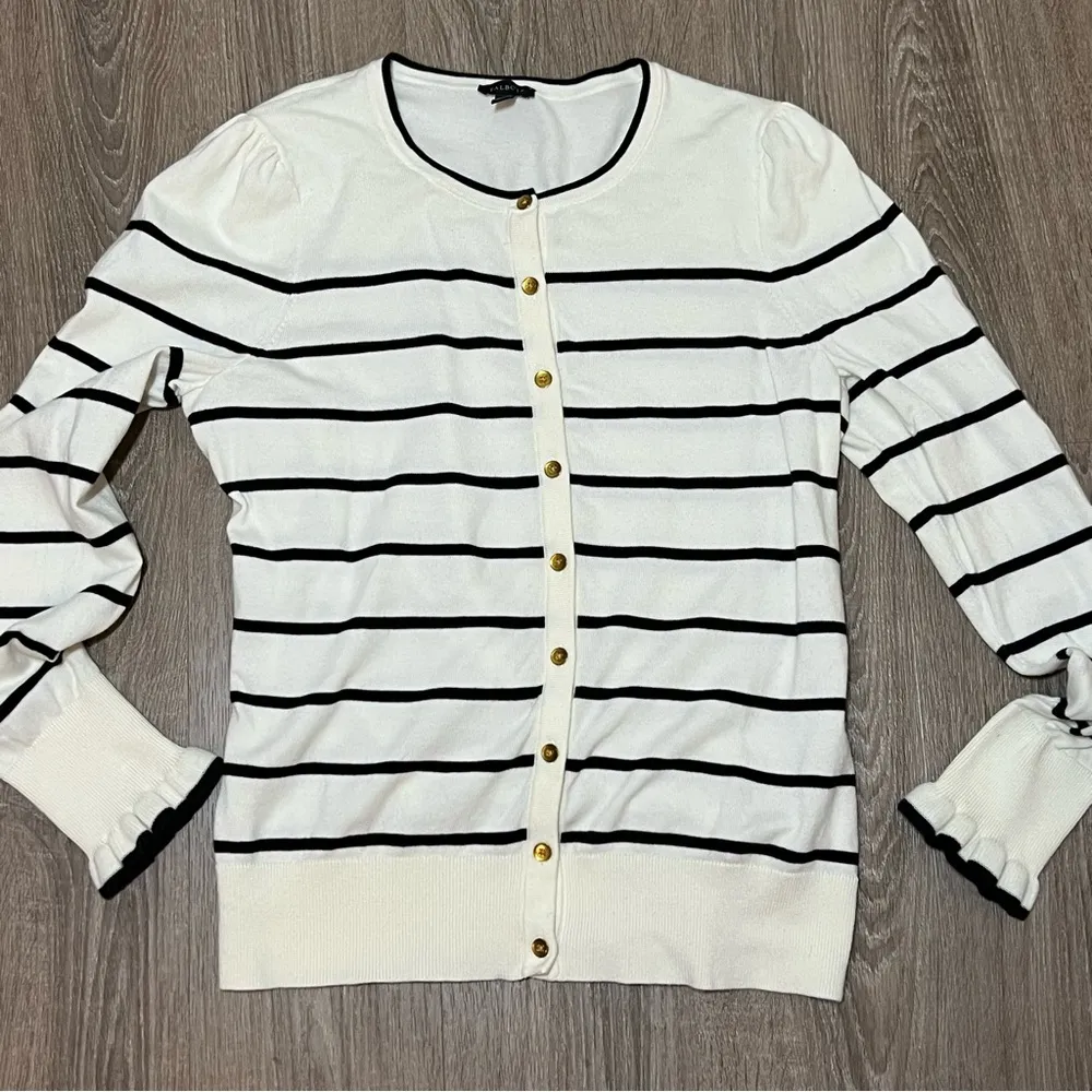 Talbots Black Ivory Striped Cardigan Puff Sleeve Sweater Size M Prep Careerwear​ - Image 8