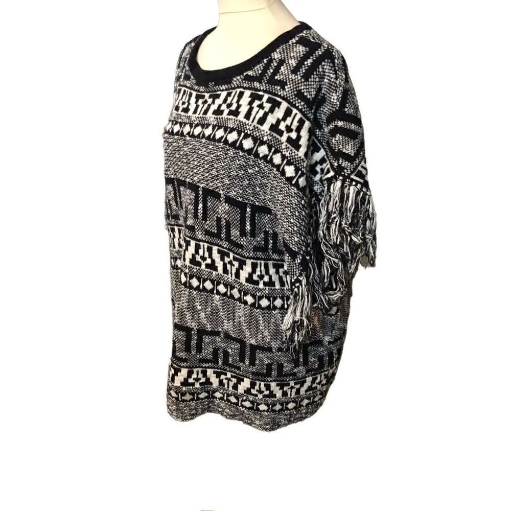 Gianni Bini Black and white Aztec oversized poncho style sweater with fringe siz - Image 6