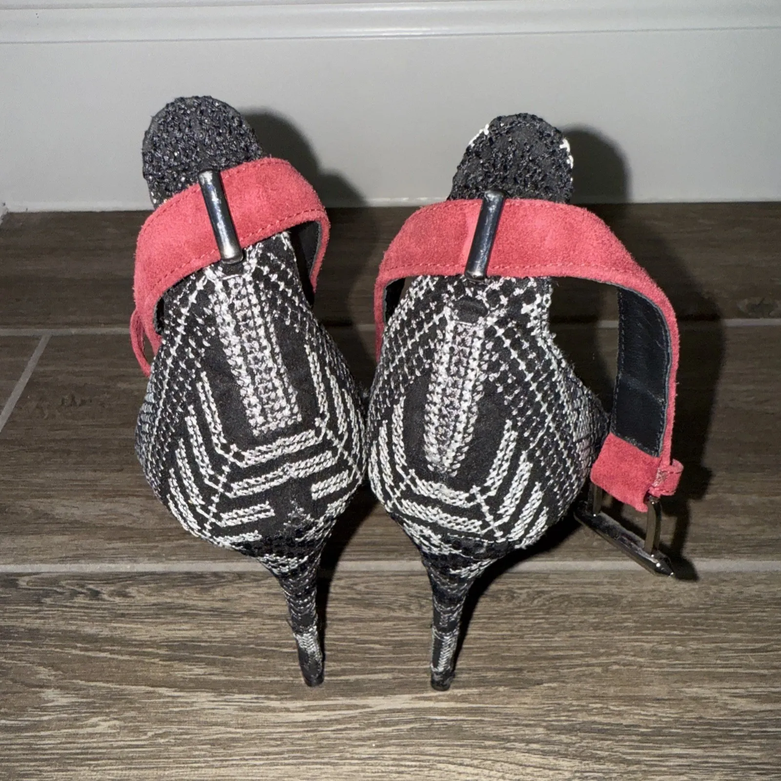 Barbara Bui black suede heels Black White‎ patterned Back Red ankle strap 38.5 Size 8.5 - Image 5