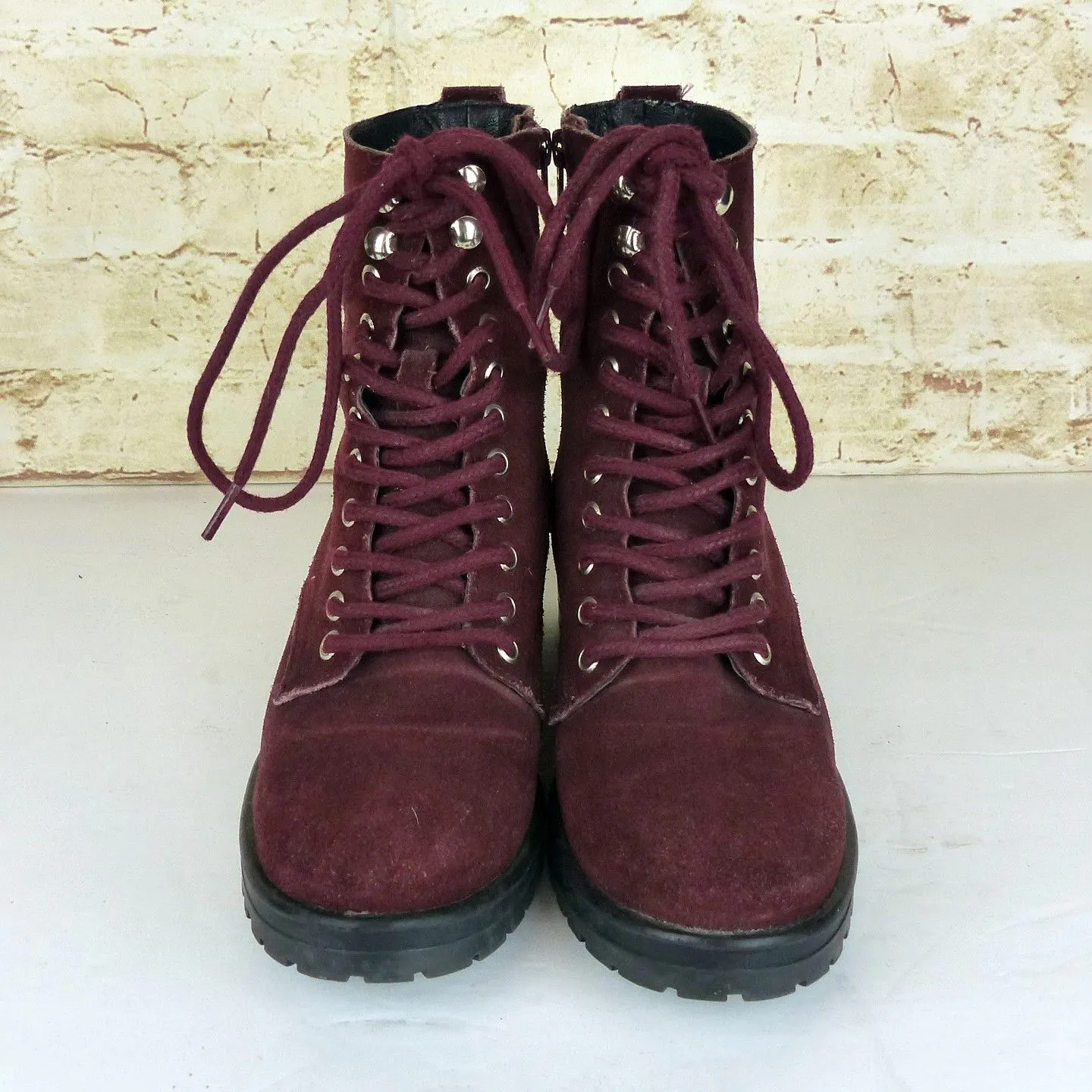 Steve Madden Boots Womens 8.5 M Burgundy Suede Gloat Lace Up Combat Heel 90s - Image 4