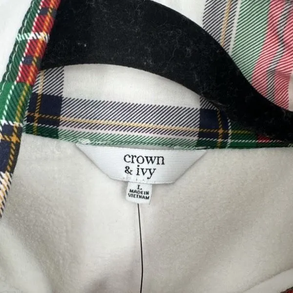 Crown & Ivy NWT Women's Ivory Tartan Plaid Fleece Pullover Jacket Size L Holiday - Image 6