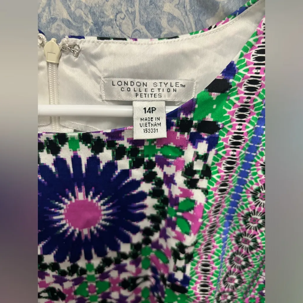 London Style Petite 14 Coastal Pink Green Purple White Print Shift Dress NWT - Image 2