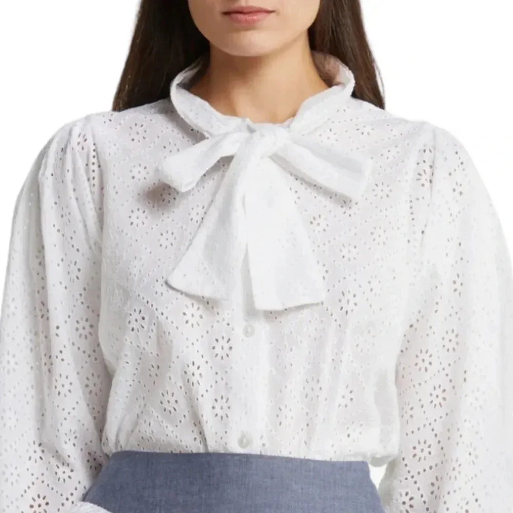 NWT Batsheva Cotton Eyelet Lace Broderie Anglaise Bow Detail Blouse White Size 6 - Image 2