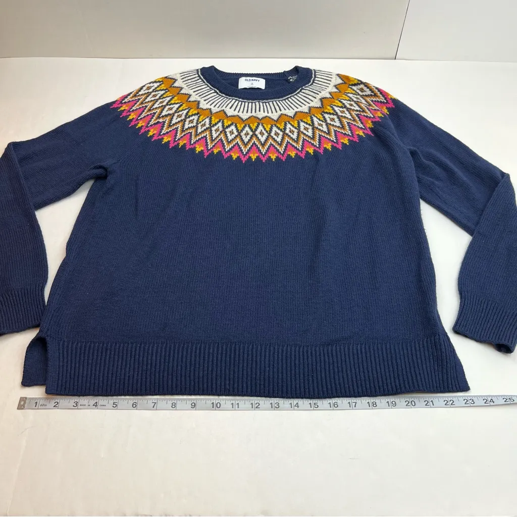 Old‎ Navy Women Navy Blue Fair Isle Long Sleeves Knit Pullover Sweater XL Tall - Image 8