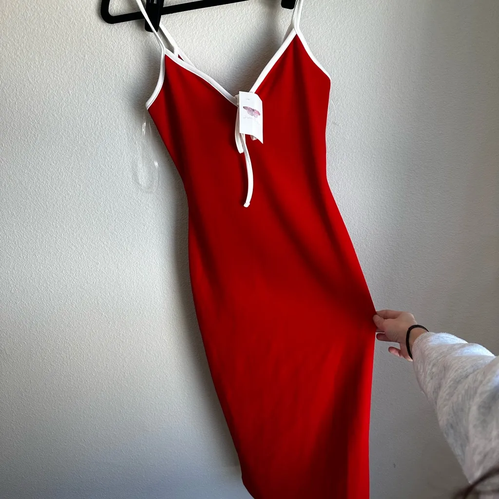 Timing Red Midi Dress with White Trim - Image 4