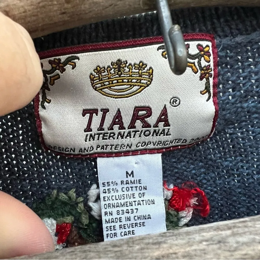 Vintage Y2K Tiara Ugly Christmas Winter Cardigan Sweater Patch Sampler Blue MED - Image 5