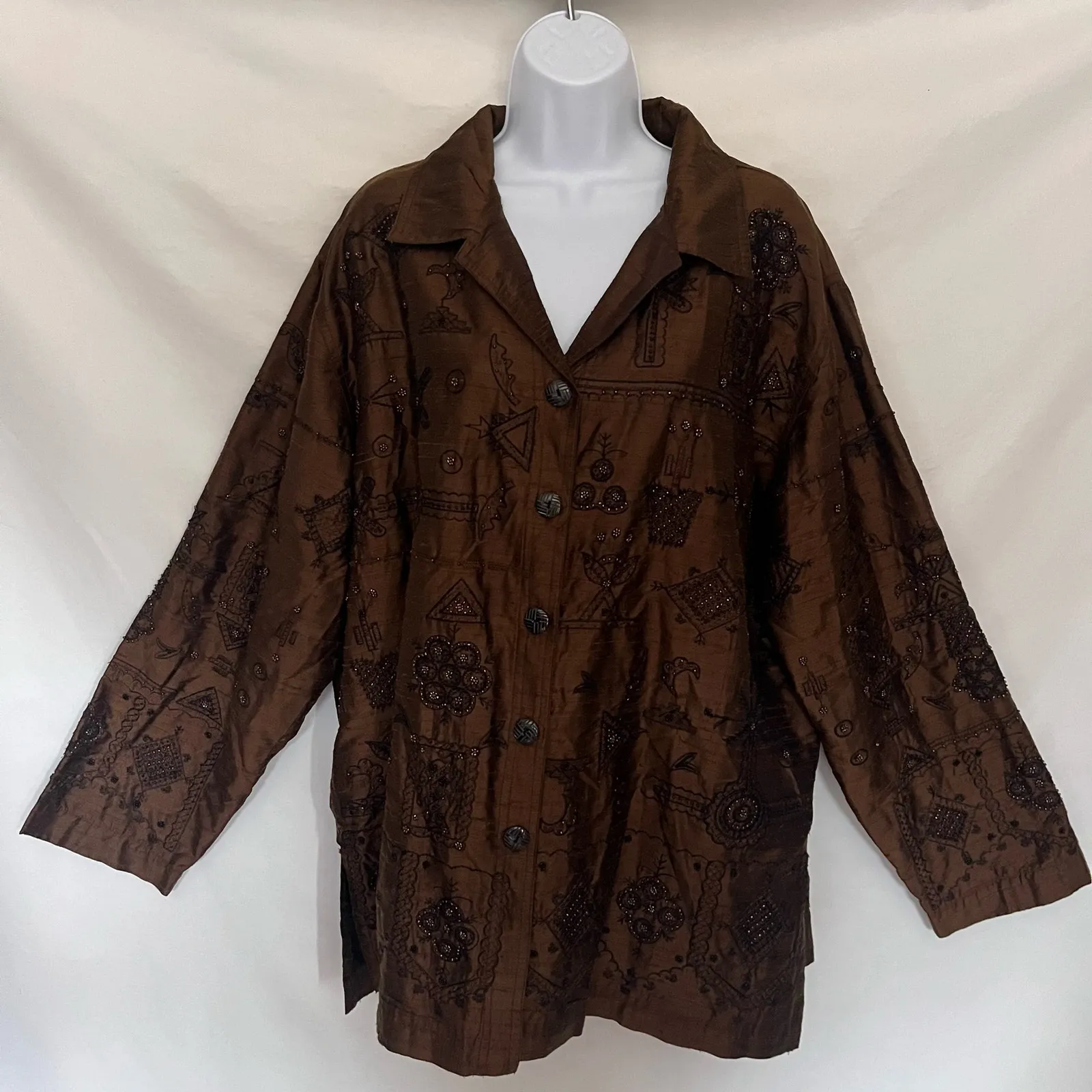 Vtg Chico's Silk Beaded Womens Jacket Sz 16 Boho Artsy Witchy Lagenlook Olive 90 Green - Image 14