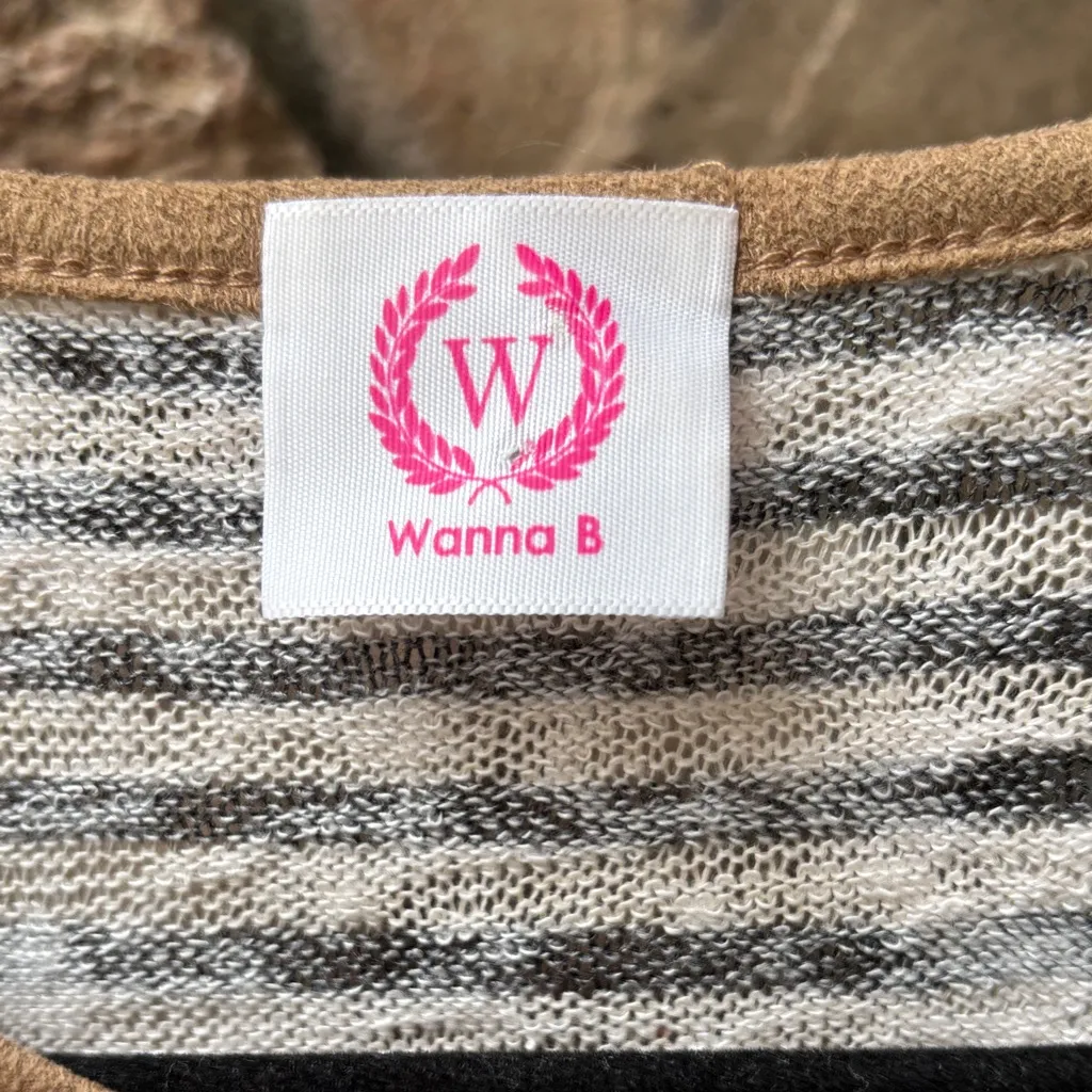 Wanna B Size M Boho Striped Mini Dress Tunic Top Tan Blue Ivory Gray Wine - Image 2