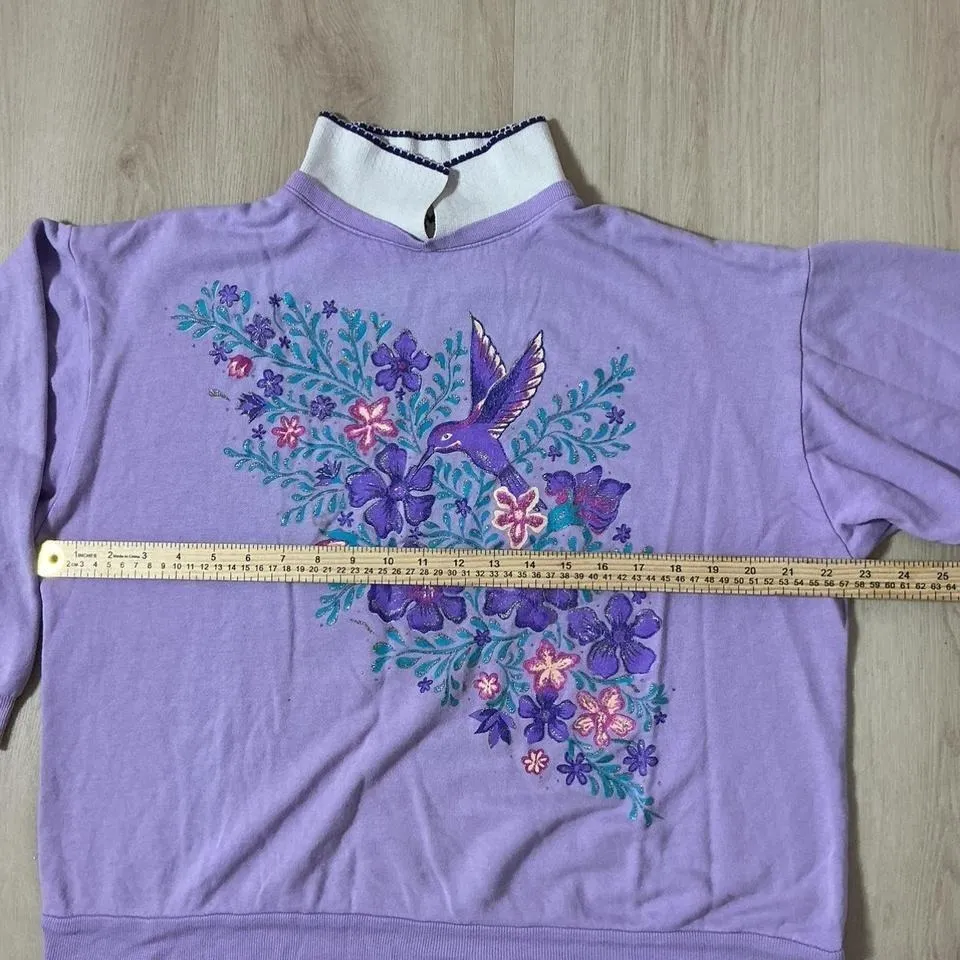 Vintage Lavender Hummingbird Floral Collared Sweatshirt Women's Size L - Image 5
