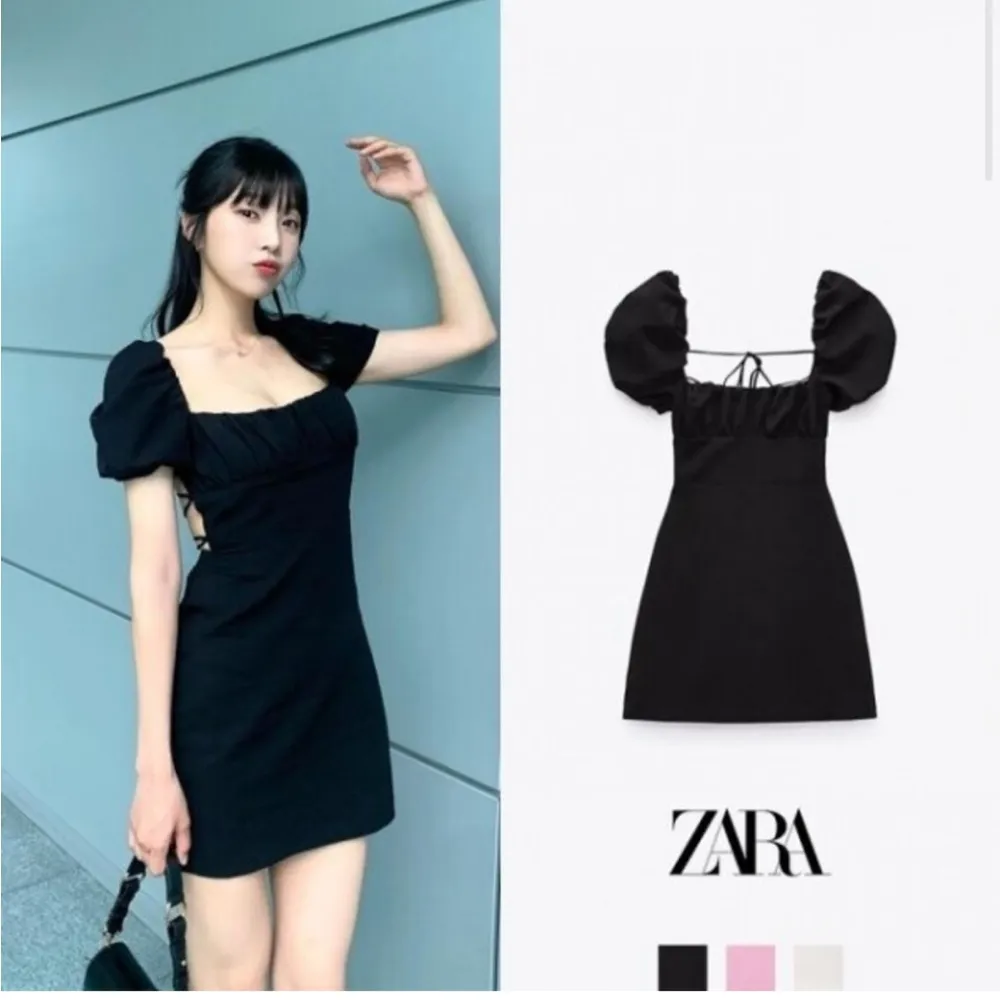 ZARA Puff Sleeve Black Mini Dress Open Back Lace Up Crossback Straps Small NEW - Image 2