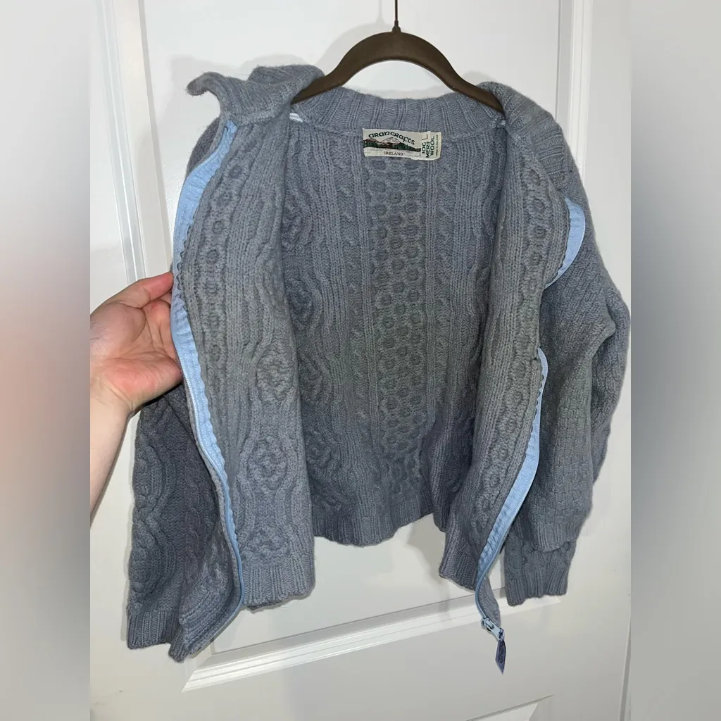 Aran Crafts Merino Wool Full Zip Fisherman Cable Knit Blue Sweater Jacket Sz L Size L - Image 5
