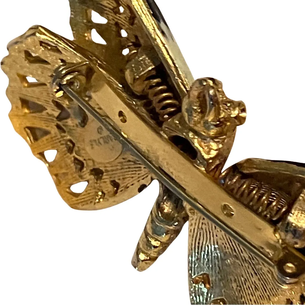 Vintage Signed Carlyle 3D Butterfly Wiggle Trembler Spring Brooch Enamel Brass Gold - Image 6