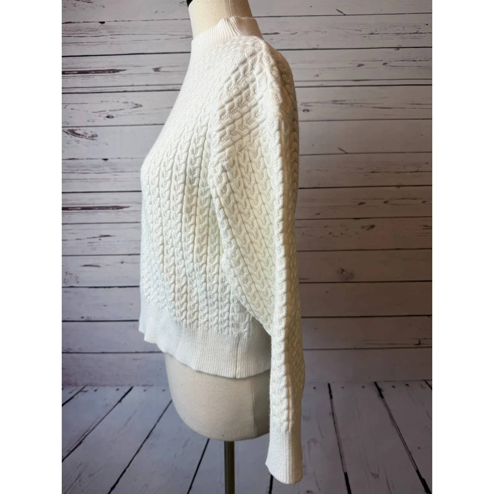 Zyia Active Sweater size Small White CableKnit Mock Neck Pullover Rayon Womens - Image 7