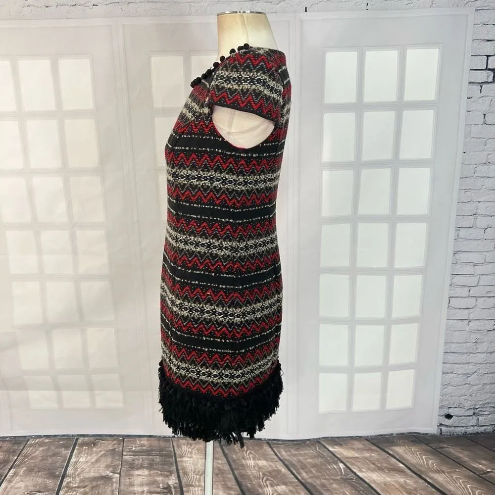 Vanessa Virginia Jinete Knit Ikat Zigzag Print Pompom Fringe Red Black Dress 4 - Image 7