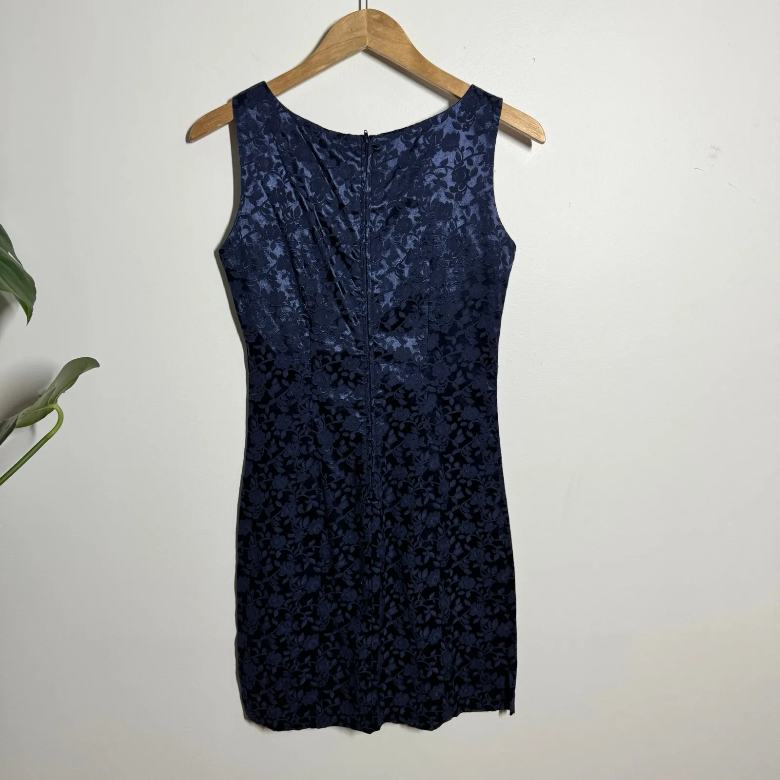 90s Vintage Jacquard Brocade Mini Dress Women 5/6 Blue Floral Dark Romantic - Image 2