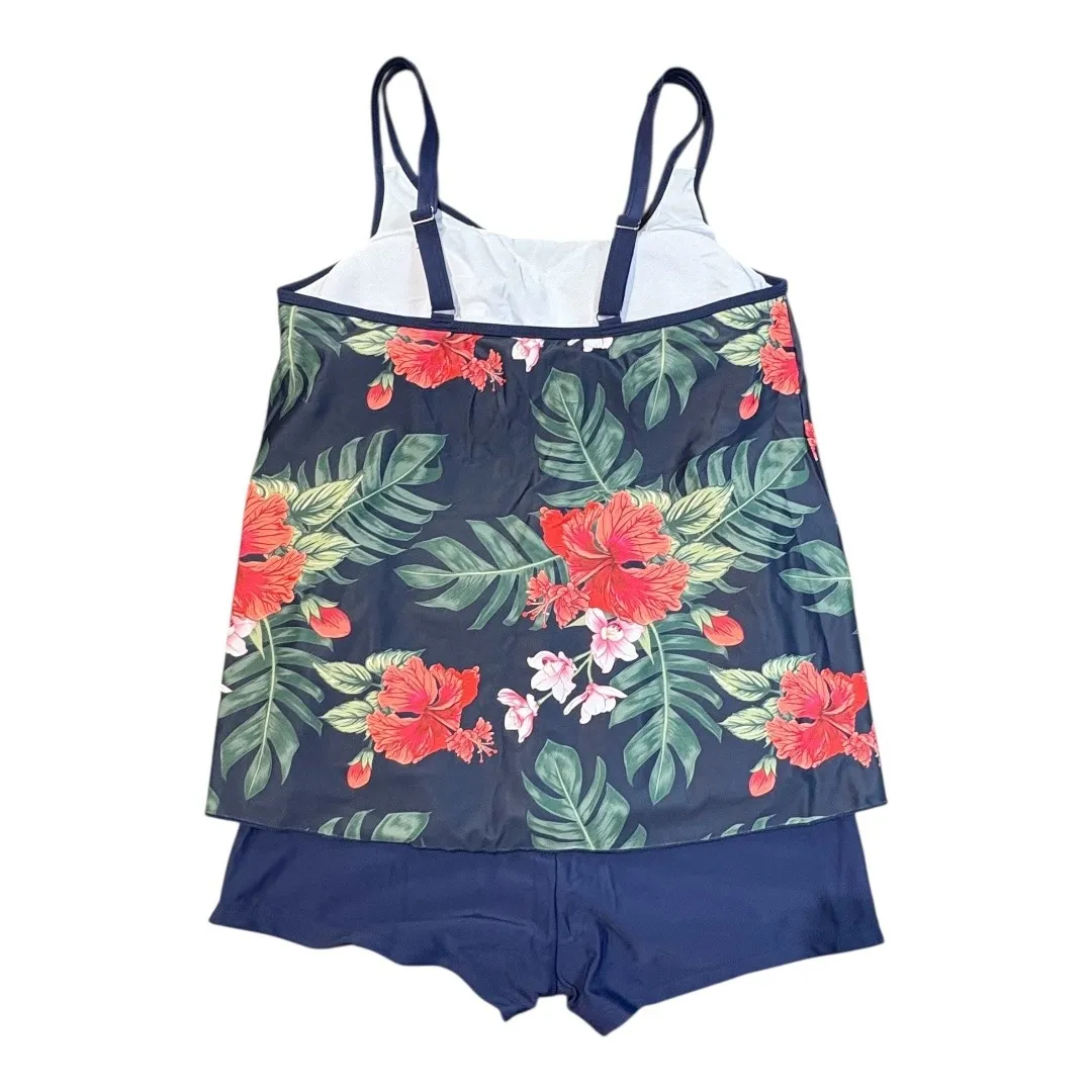 Floral Tankini Swimsuit Tropical Print Two Piece Bathing Suit Size Medium‎ New Blue - Image 7