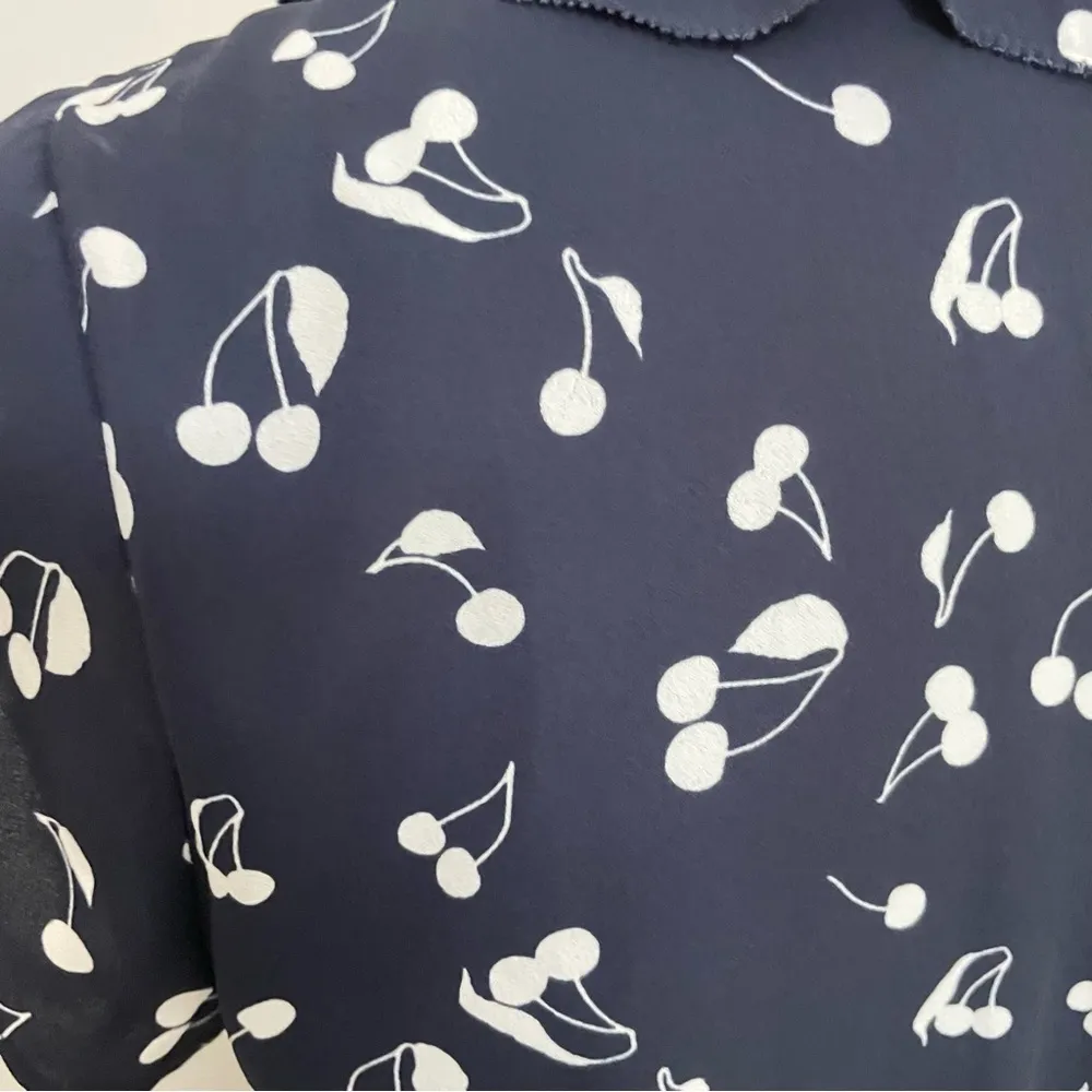 Sunday Best Dress  Savoy Wrap Cherry Print Ruffle Lined Navy Blue White - Image 10