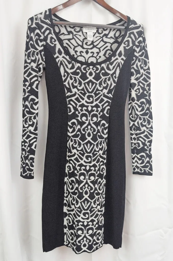 Carmen Marc Valvo Black & White Patternerd Stretch Knit Dress Small - Image 1