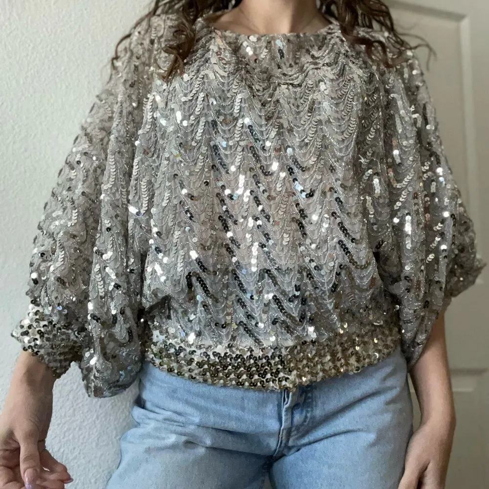 Vintage 70s Sequin Beaded‎ Gold Silver Butterfly Sleeve Blouse Top Size Medium - Image 2