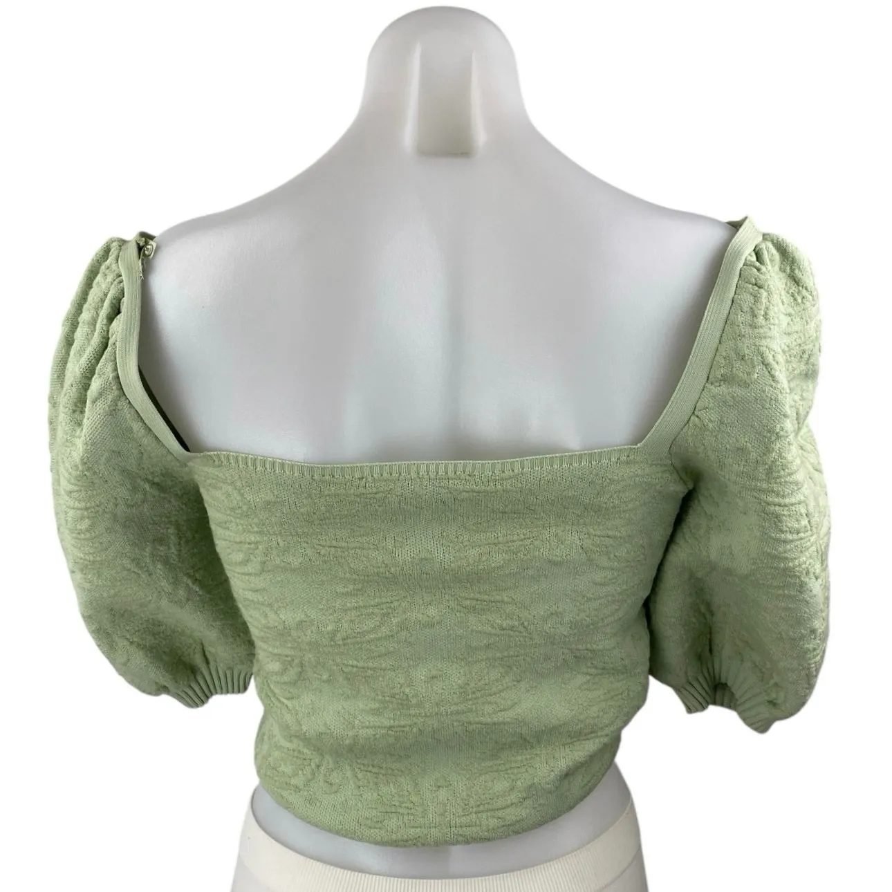 ZARA Light Green Jacquard Knit Short Puff Sleeve Square Neck Crop Blouse Top S - Image 2