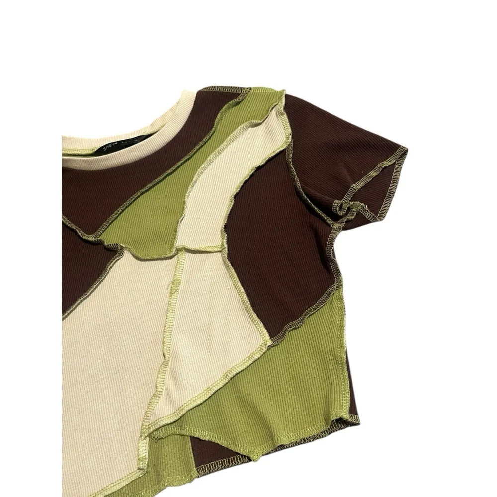 SHEIN Blouse Women's Small Green Brown Short Sleeve Crop Top Patchwork Crew Neck - Image 3