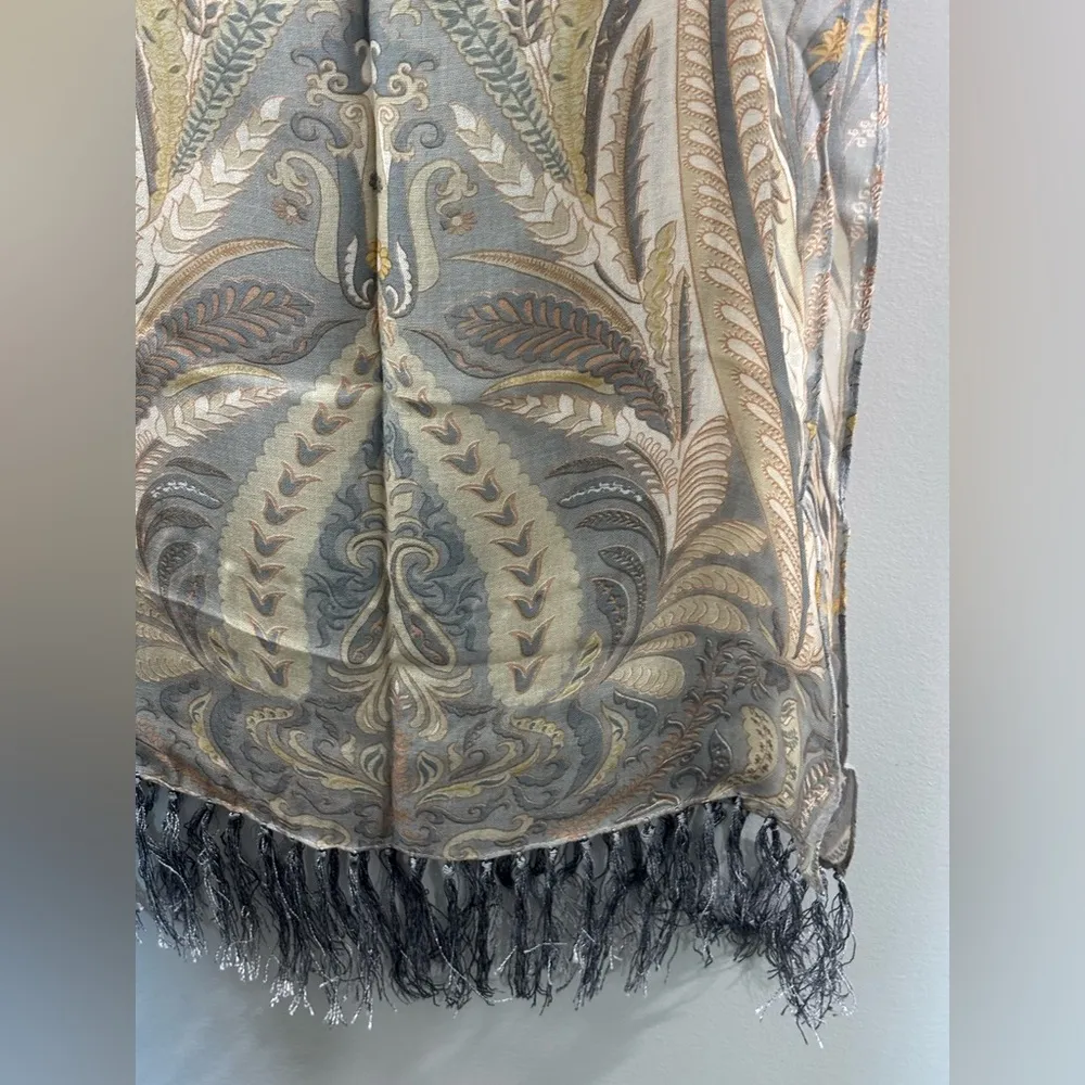 Chico’s Gray and Beige Paisley  Print Scarf with Fringe, Viscose 19”x  66” - Image 6