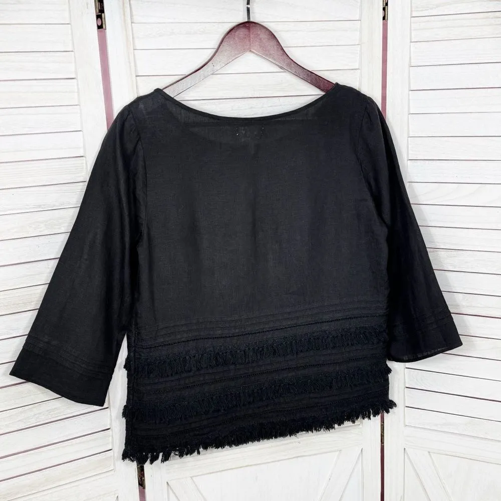 Anthropologie Meadow‎ Rue Olathe Tiered Fringe Hem Linen Boxy Shirt Black Small - Image 8