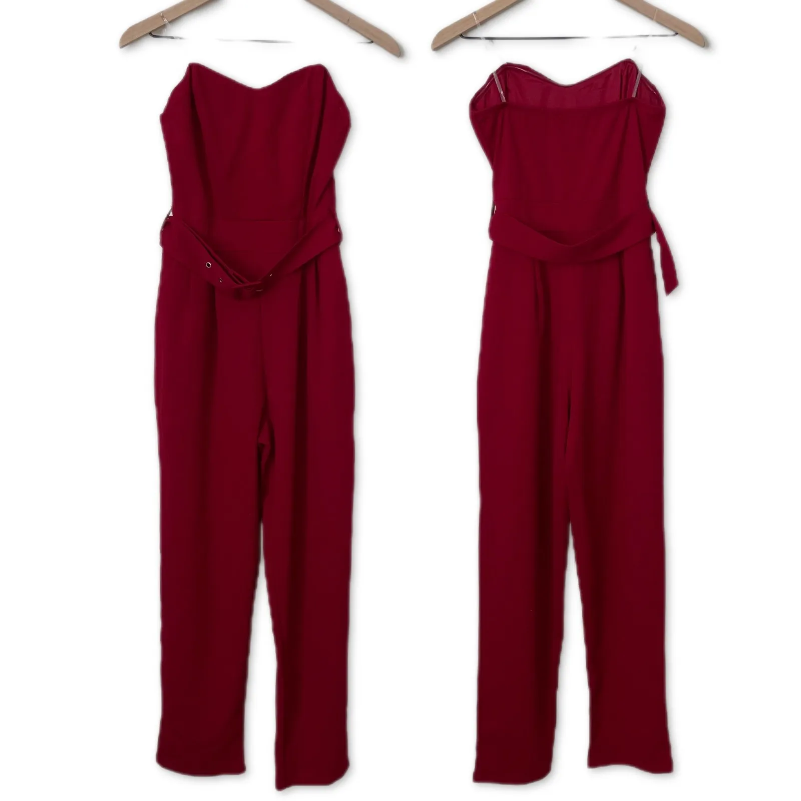 Red Strapless Jumpsuit with‎ Belt and Pockets - Image 2