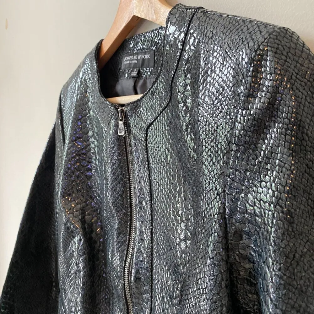 NWOT Jones New York Women's Size Small 100% Leather Glossy Full Zip Black Jacket - Image 9