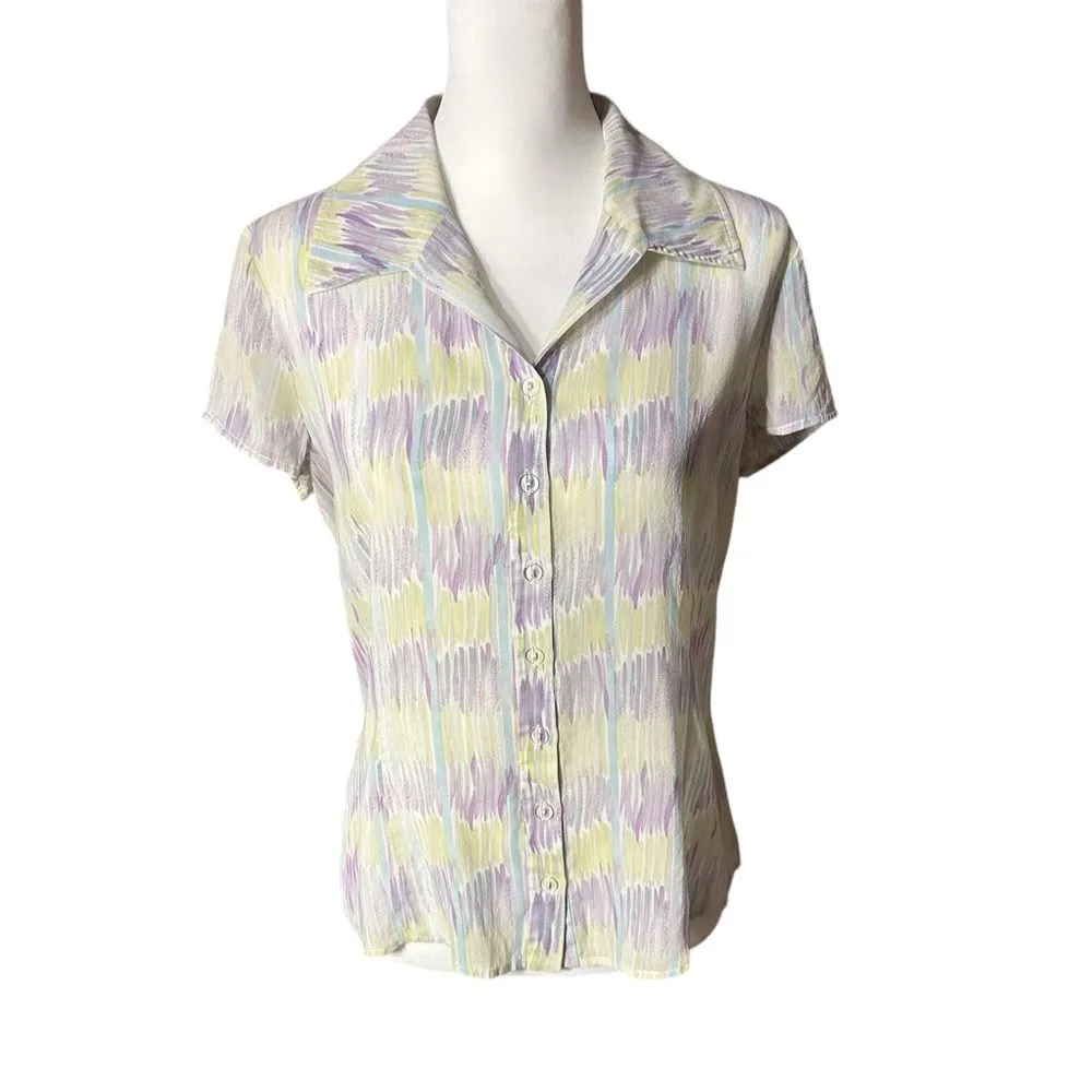 St. John Abstract Print Pastel Color Silk Button Down Top Sz 10 - Image 3