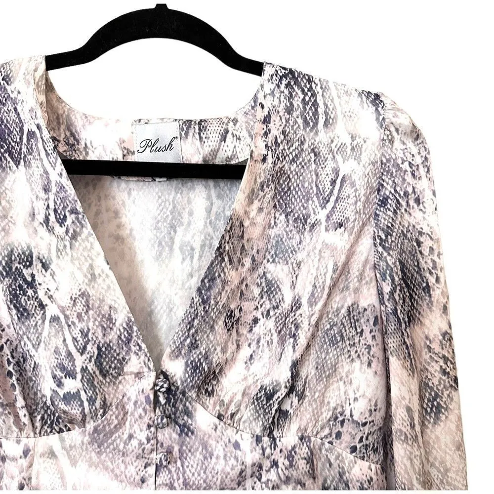 PLUSH Snake Print Satin‎ Blouse Sz S Purple - Image 2