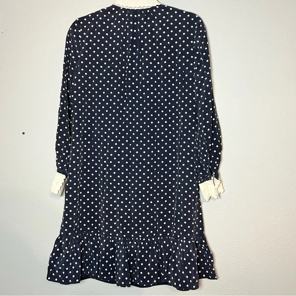 Tory Burch Cora Navy Blue Polka Dot Mini Dress Cream Scalloped Cuff Silk Size 4 - Image 14