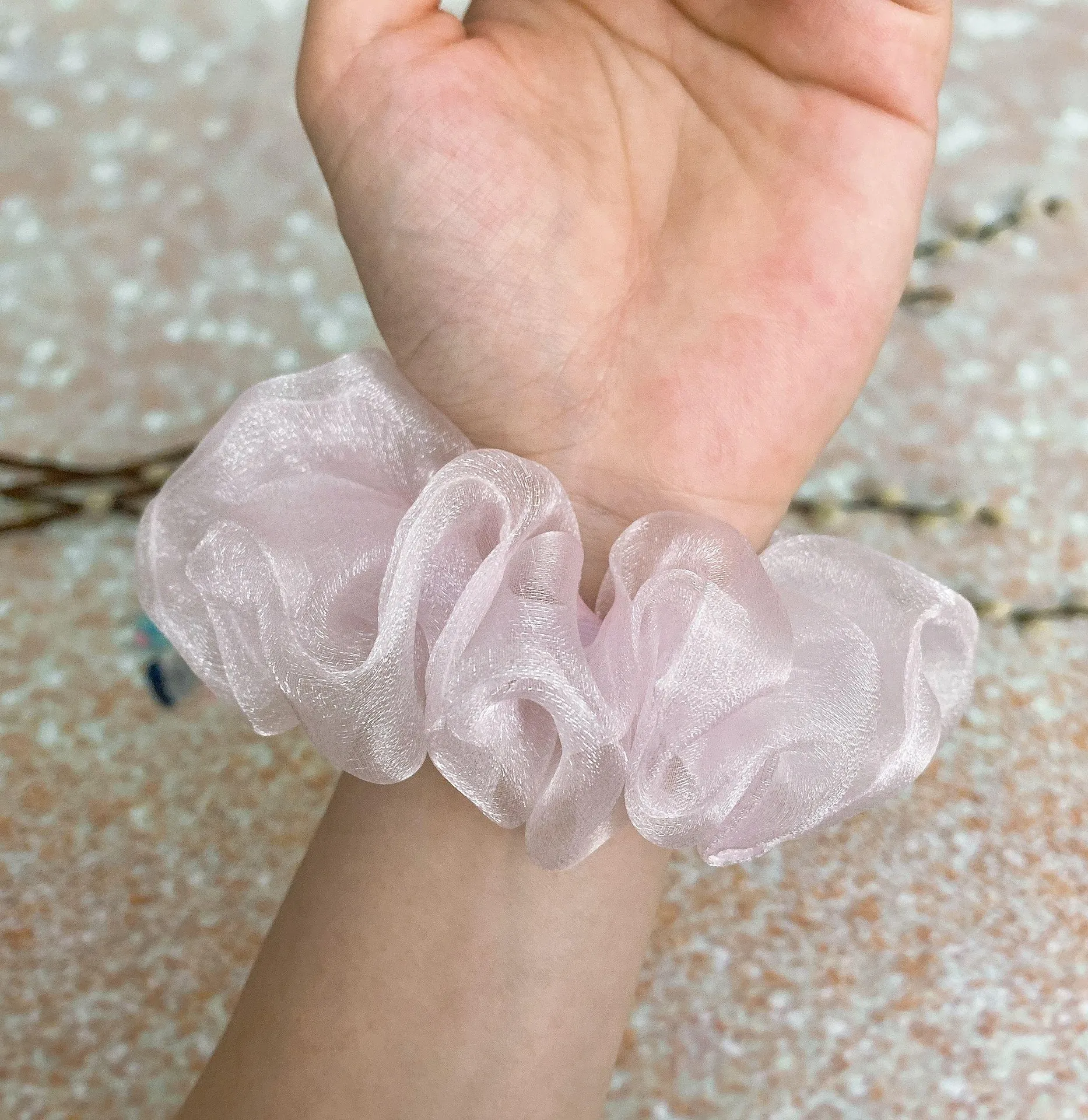 Soft Pink Crystal Organza Hair Scrunchie Hair Accessories - Image 5