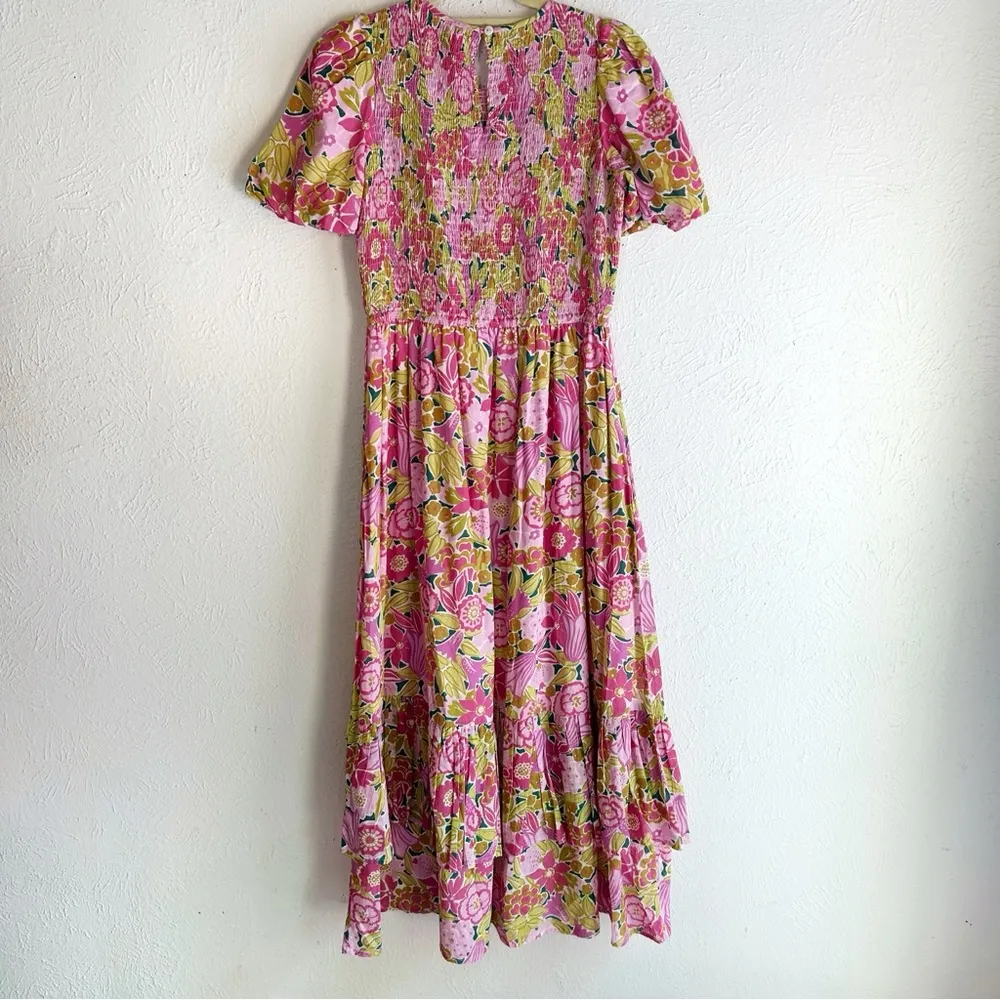 Banjanan Quant Floral Smocked Puff Sleeve Maxi Dress Cotton Sz Medium Pink - Image 6