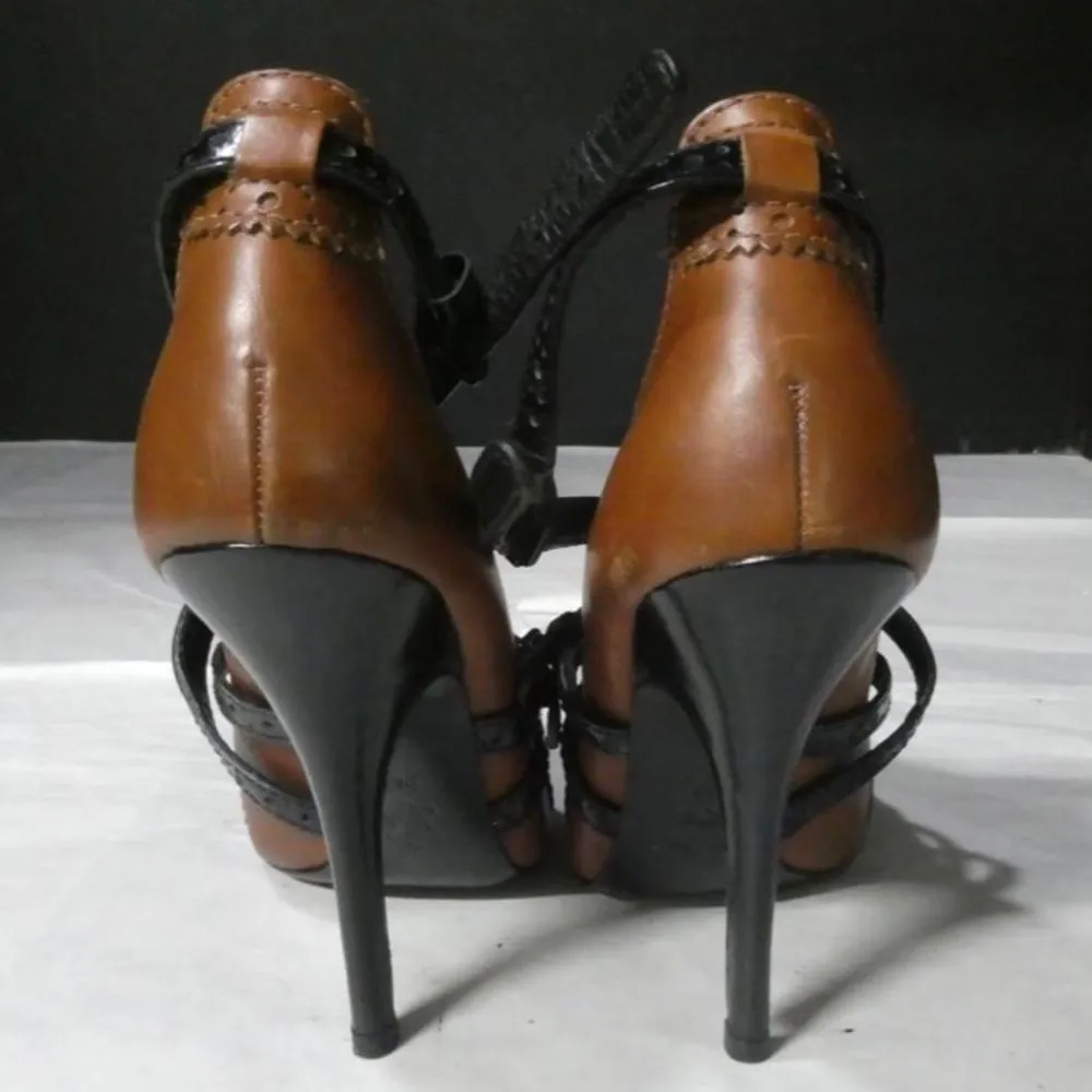 TORY BURCH Judith Brown and Black Leather Strappy Stiletto Heels Sz 9m - Image 13