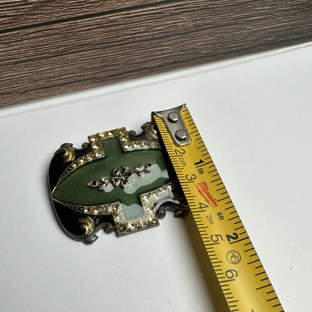 Catherine Popesco France Green & Black Enamel With Rhinestone Brooch Pin - Image 5